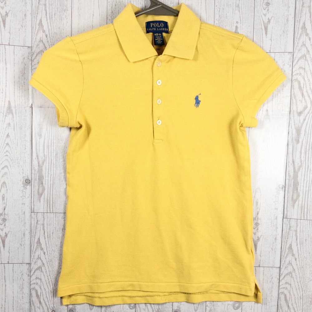 Polo Ralph Lauren Girls Polo Shirt Yellow Blue Pony Cotton Size M 8-10 Preppy - Picture 1 of 5